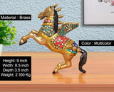 Brass winged flying horse statue, multicolor decorative panels and jeweled reins