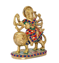 Durga Maa brass statue on lion with halo, side angle, ornate jewel detailing