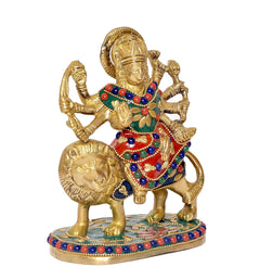 Durga Maa brass statue on lion with halo, side angle, ornate jewel detailing
