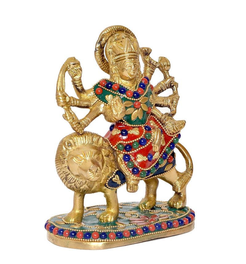 Brass Durga Maa with Lion Idol Hindu Goddess Sherawali MATA Murti MATA Rani Statue Figurine Home Temple (Height: 6 Inch)