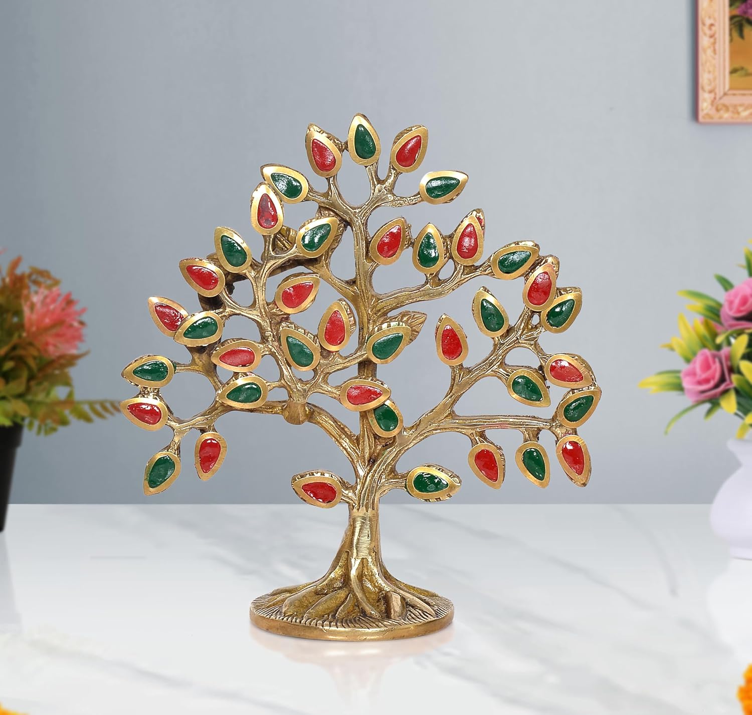 Brass Kalpavriksha Tree Table Standing with Stonework for Home Decor and Ofice Teble Decor Figurine (Height: 6 inch) (Multicolor Tree 1)