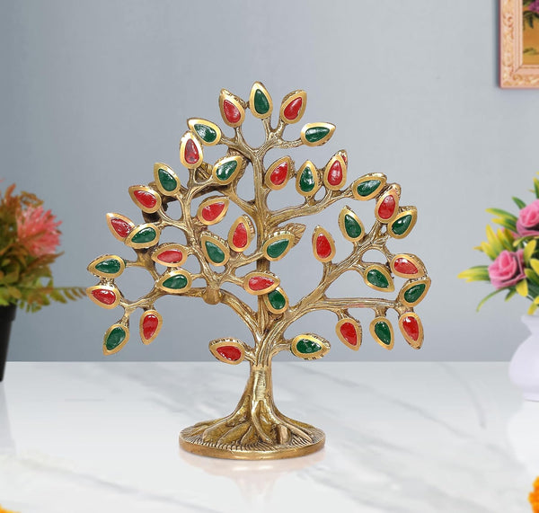 Brass Kalpavriksha Tree Table Standing with Stonework for Home Decor and Ofice Teble Decor Figurine (Height: 6 inch) (Multicolor Tree 1)