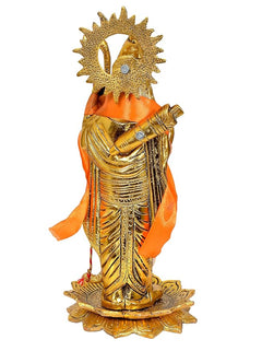 Shree Ram ji metal idol statue back view, golden body with orange drapery on lotus base