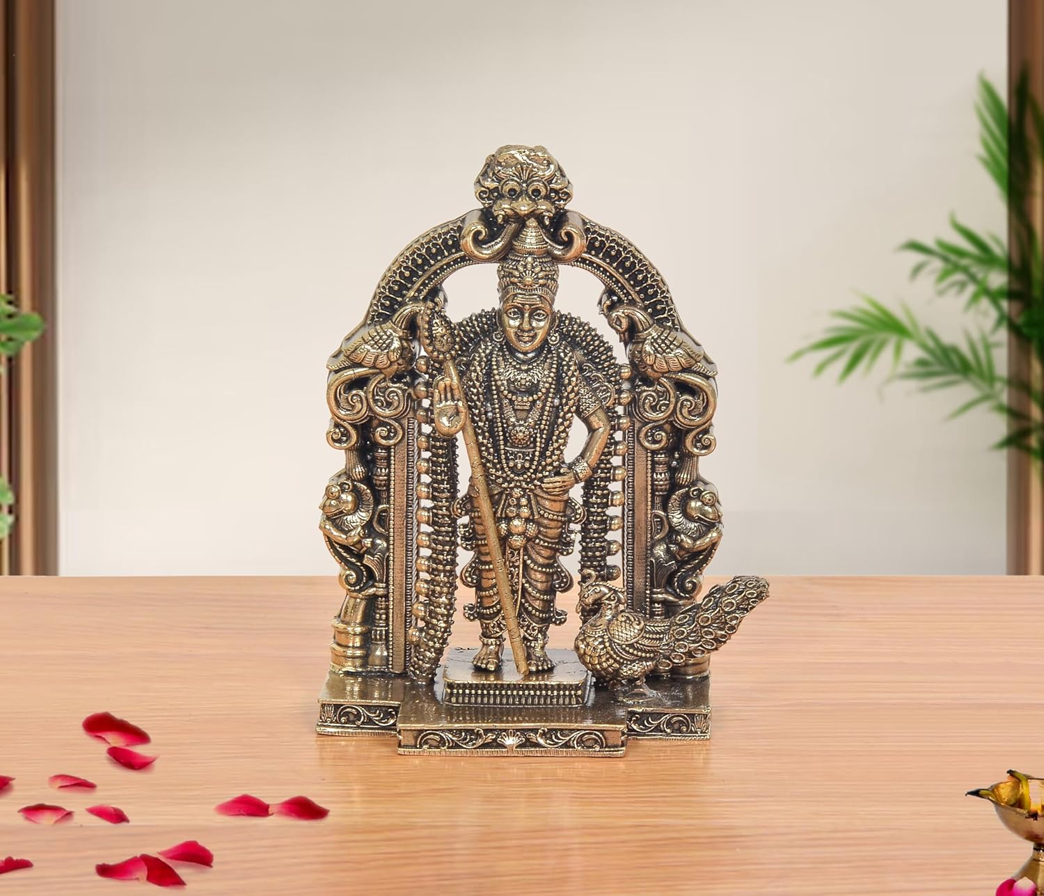 AONA Bronze Standing Lord Kartikeya with Peacock and Kirtimukha Prabhavali Murugan Murti 