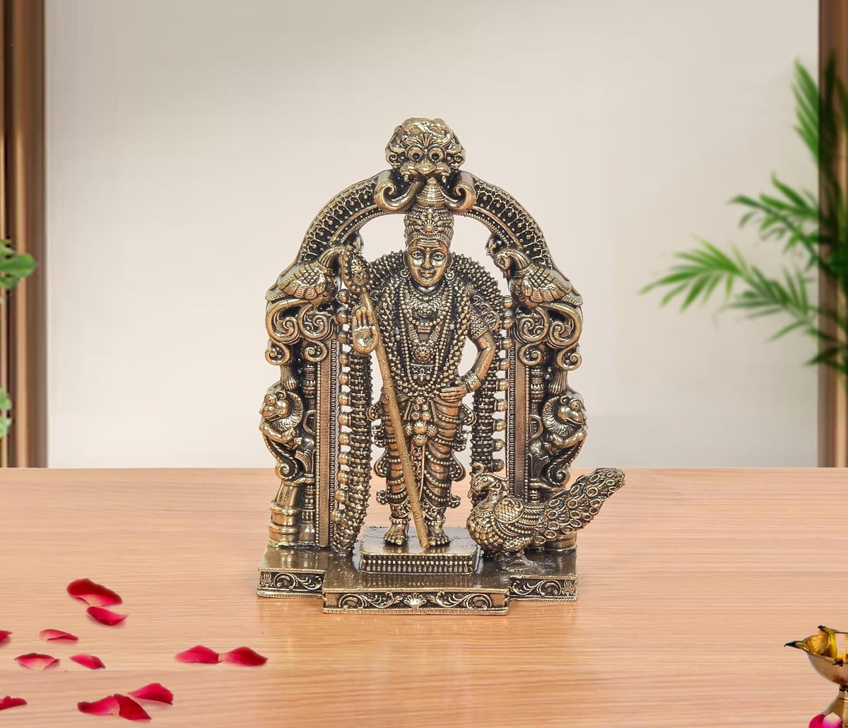 Superfine Brass Standing Lord Kartikeya with Peacock and Kirtimukha Prabhavali Murugan Murti (Height 5 Inch)