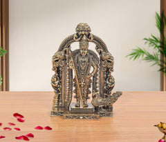 Bronze standing Lord Kartikeya Murugan statue with peacock and ornate prabhavali, 5 inch
