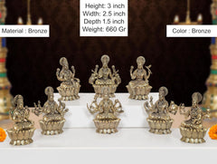Brass Ashtalakshmi statues, eight small seated goddess figures with ornate crowns