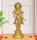 Brass Radha murti idol, standing with ornate crown and jewelry, front view