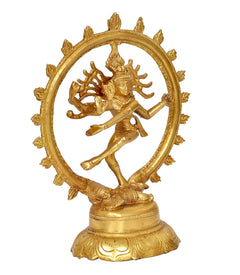 Brass Nataraj Lord Shiva dancing figure sculpture, ornate circular frame and pedestal