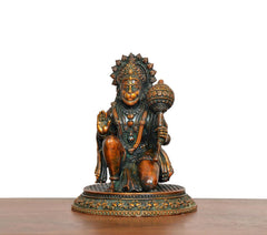Superfine brass Hanuman JI sitting idol, detailed face and crown, on round decorative base