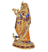 Brass Radha-Krishna idol from the side, multicolour patterned garments, flute in hand