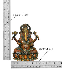 Lord Ganesha idol size: Height 5 inch, Width 4 inch; seated brass figure with four arms