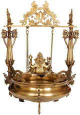 Brass Ganesha urli swing stand with pedestal bowl, side pillars and top arch, 27 in