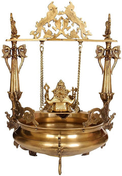 Brass Ganesha urli swing stand with pedestal bowl, side pillars and top arch, 27 in