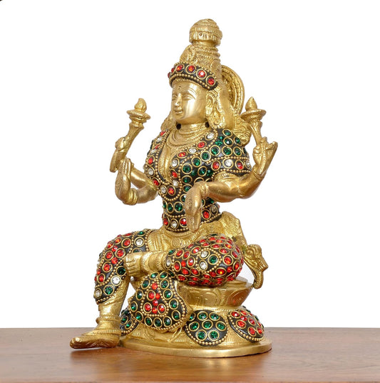 Brass Lakshmi Idol Laxmi Goddess Lakshmi Sitting Statue for The Puja Temple at Home Decor Office (Height: 8 Inch)