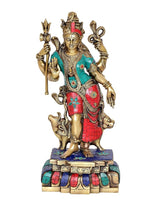 Ardhnari brass deity idol holding trident and staff, teal and red patterned clothing