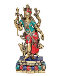 Ardhnari brass deity idol holding trident and staff, teal and red patterned clothing