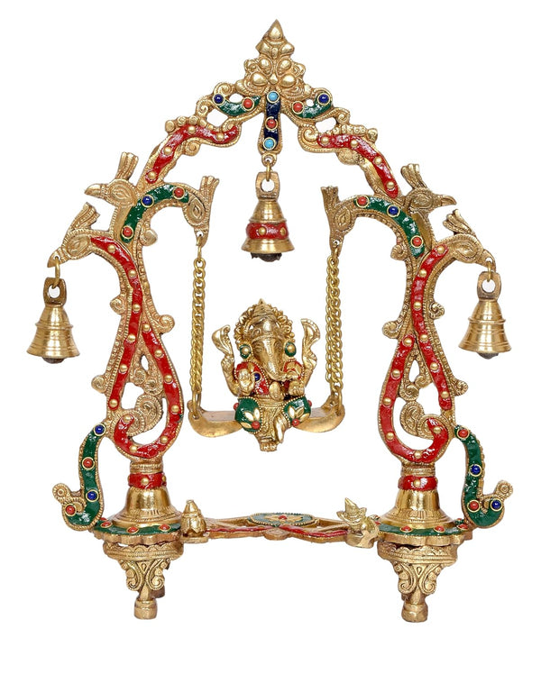 Brass Ganesha Playing On Swing Ganesha Jhula Decorative Showpiece Multicolour (Height 14 Inch) Entryway Setting