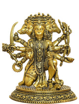 Golden brass Panchmukhi Hanuman statue, close front view, three faces and detailed crown