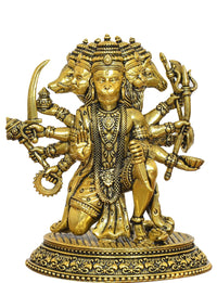 Golden brass Panchmukhi Hanuman statue, close front view, three faces and detailed crown