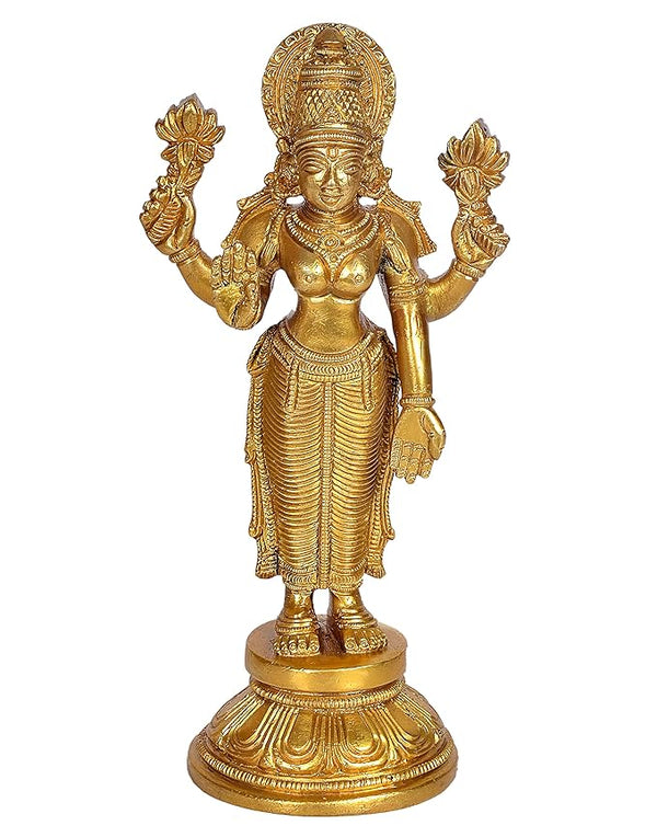 Shri MATA Lakshmi Idol in Standing Position Maha Lakshmi Brass Idol Laxmi MATA Brass Idol for Prosperity Golden Height 9 Inches Entryway Setting