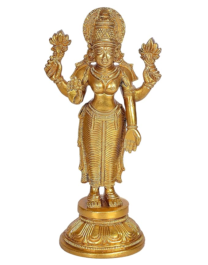 Shri MATA Lakshmi Idol in Standing Position Maha Lakshmi Brass Idol Laxmi MATA Brass Idol for Prosperity Golden Height 9 Inches Craft Detail