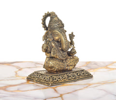 Superfine brass Ganesh statue, angled side view with detailed ornaments and hands