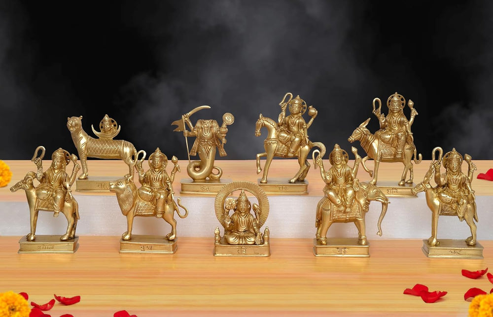 Brass Navagraha Nine Planetary Deities Intricate Sculpture (Height: 6.5 Inch)