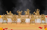 Brass Navagraha nine-deity sculpture set: nine seated and mounted figures on bases