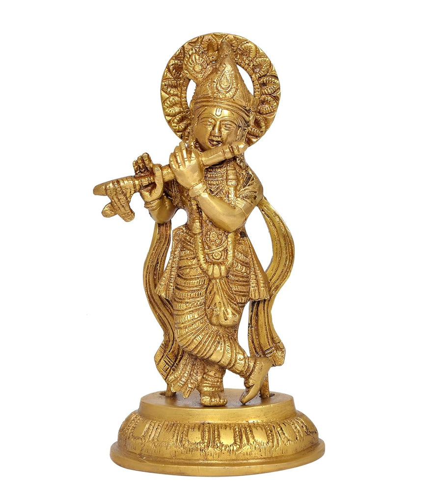 Brass Lord Krishna Idol Figurine Sculpture Playing Flute Statue, for Home Decor Mandir Pooja Decorative Showpiece, (Height 8 Inch) Craft Detail