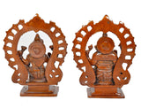 Brass Lakshmi and Ganesha idols, back view, carved circular frames and pedestal bases