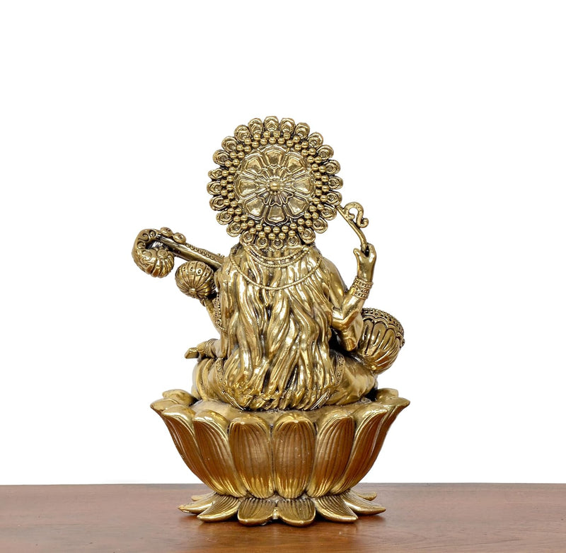 Bronze Maa Saraswati Statue on lotus (Height 7.5 Inch)