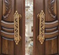 Brass main door pull handle pair with filigree flower detailing, two-piece set