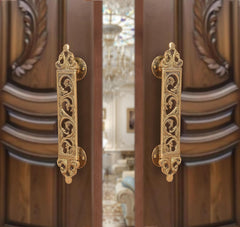 Brass main door pull handle pair with filigree flower detailing, two-piece set