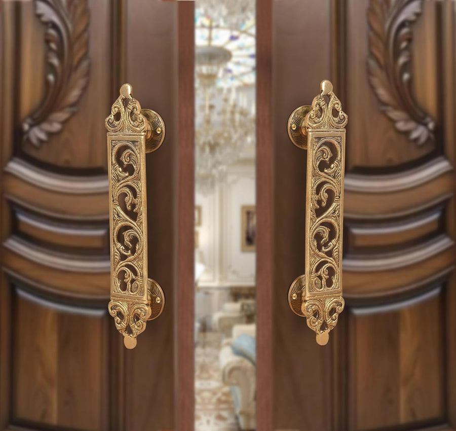 Brass main door pull handle pair with filigree flower detailing, two-piece set