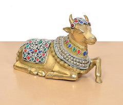 Brass Nandi idol seated pose with ornate silver-toned chains and colorful inlays