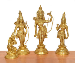 Lord Ram darbar brass statue group on a wooden base, three standing figures and one seated
