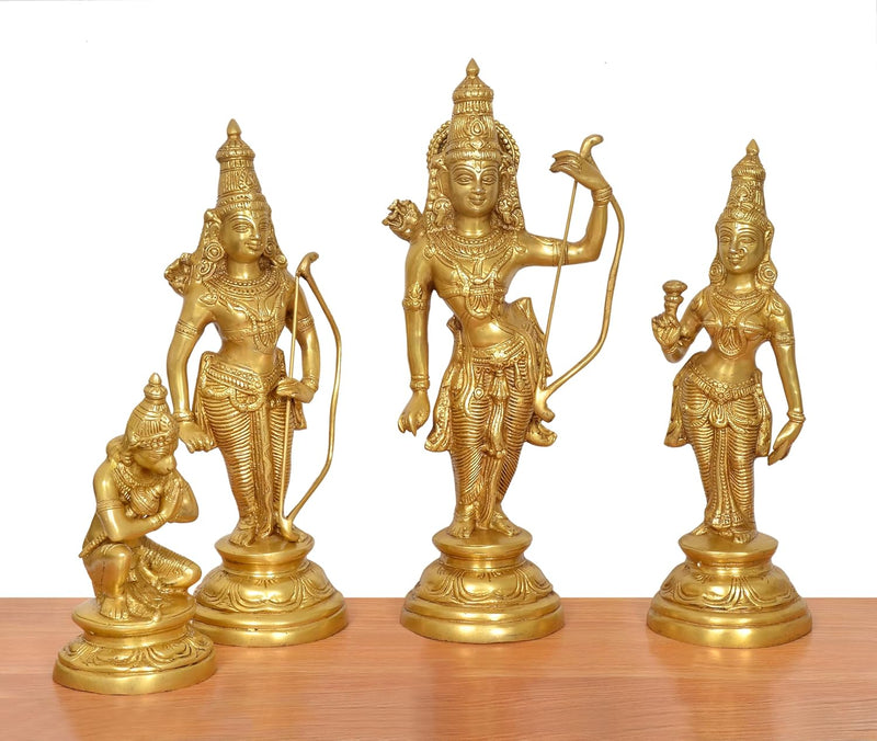 Lord Ram darbar brass statue group on a wooden base, three standing figures and one seated