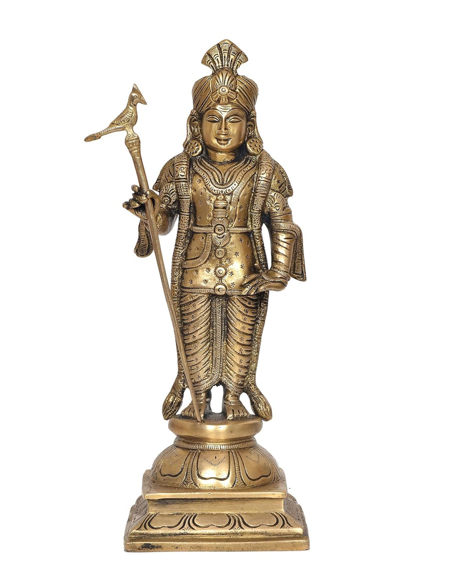 Brass Standing Lord Palani Raja Alangaram Murugan Kartikeya Murti for Home Decor Pooja Mandir Decorative Showpiece Brass Murti golden (Height 12 Inch) Craft Detail