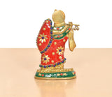 Radha-Krishna brass idol rear side, red dress with floral motifs, green trim, beaded accents