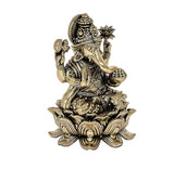 Ganesha brass idol angled view with trunk curled, holding staff, ornate lotus base