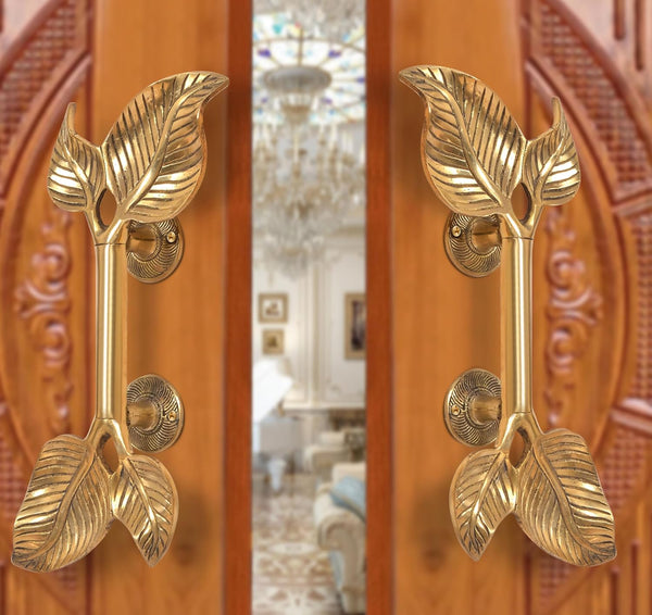 Brass Twin Leaf Design Door Handle Pair (Pack of 2) (Height : 13 inch)