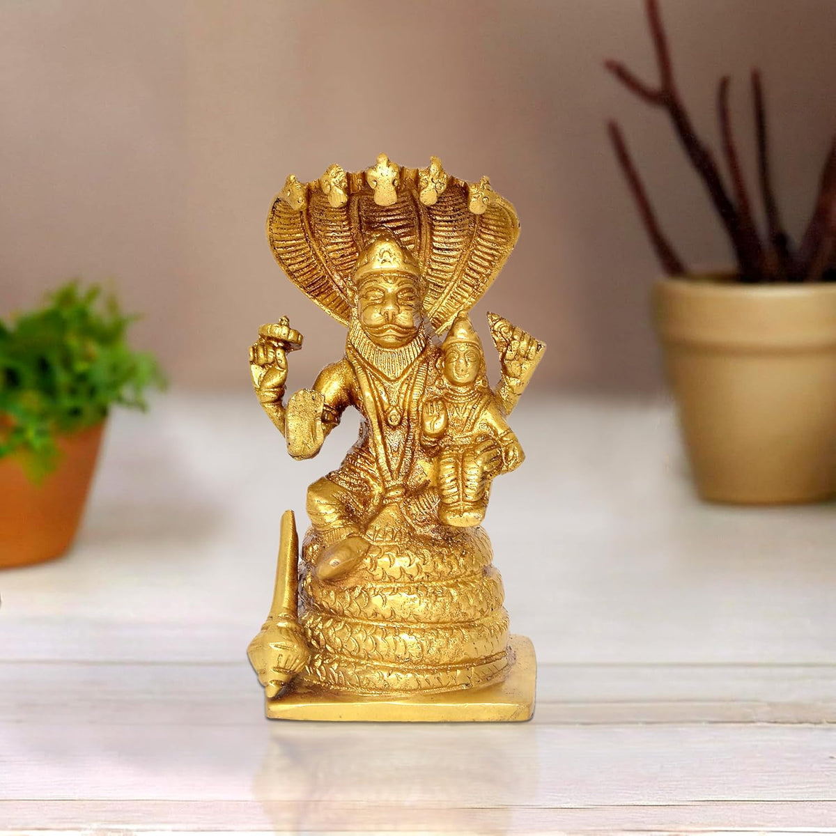 Gold brass Lakshmi Narasimha statue, raised arms, 5-inch home temple decor