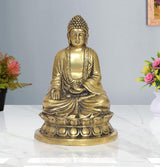 Gold brass meditating Buddha statue, Dhyan mudra, seated on ornate round base