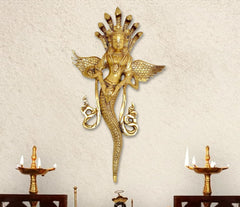 Brass Naga Kanya statue with crown and wings, 14 in tall