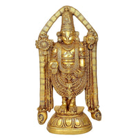 Brass Tirupati Balaji idol facing forward, ornate crown, jewelry, and pedestal