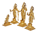 Goldene Messing Ram Darbar Darstellungen, vier Figuren mit Speeren und Bögen, auf Sockeln