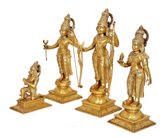 Goldene Messing Ram Darbar Darstellungen, vier Figuren mit Speeren und Bögen, auf Sockeln