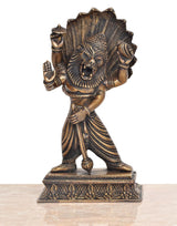 Bronze Narasimha-Vishnu statue, front view with carved lion face and draped torso