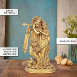 Radha Krishna brass idol with peacock detail; gold finish; height 10.5 cm view.